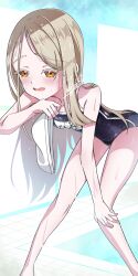 1girl absurdres alternate_costume blonde_hair blue_one-piece_swimsuit blush breasts character_name collarbone commentary_request competition_school_swimsuit gakuen_idolmaster gluteal_fold hand_on_own_knee highres idolmaster leaning_forward long_hair looking_at_viewer name_tag no_hairclip one-piece_swimsuit open_mouth orange_eyes parted_bangs peanut_mouth pool school_swimsuit shinosawa_hiro sidelocks signature small_breasts solo swimsuit thighs tile_floor tiles vtitalianlion46 wet