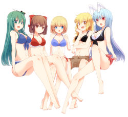 &gt;:d 5girls :d :o alice_margatroid alternate_hair_color animal_ears aoi_(annbi) bad_anatomy bad_feet barefoot bikini blonde_hair blue_bikini blue_eyes blue_hair bow breasts brown_eyes brown_hair rabbit_ears chestnut_mouth cleavage collarbone expressionless feet frog_button gradient_hair green_eyes green_hair hair_bow hair_ornament hakurei_reimu highres kirisame_marisa kochiya_sanae large_breasts legs long_hair looking_at_viewer multicolored_hair multiple_girls odd_one_out open_mouth poorly_drawn red_bikini red_eyes reisen_udongein_inaba ribs round_teeth short_hair shorts sitting smile snake_hair_ornament swimsuit teeth touhou v-shaped_eyebrows very_long_hair yellow_eyes