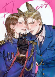 Rule 34 | 2boys, absurdres, aiguillette, animal collar, animal ears, axis powers hetalia, blonde hair, blue eyes, blue jacket, blush, brown hair, collar, collared shirt, dog boy, dog ears, facial hair, france (hetalia), germany (hetalia), gloves, goatee stubble, high collar, highres, holding, holding leash, jacket, kemonomimi mode, leash, long sleeves, male focus, medium hair, military jacket, military uniform, multiple boys, necktie, open mouth, purple eyes, red sash, sash, sheepgooo, shirt, smile, stubble, sweatdrop, upper body, white shirt, yaoi
