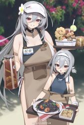 2girls absurdres apron bilibili_xiaolu blurry blurry_background breasts brown_apron flower-shaped_hair food grey_hair grin highres holding holding_jug holding_tray huge_breasts long_hair multiple_girls noodles open_mouth original red_eyes short_hair shrimp smile standing tray very_long_hair visor_cap