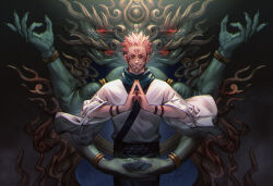 Rule 34 | 1boy, akakokko (niro azarashi), bracelet, brown hair, evil smile, extra arms, extra eyes, facial mark, facial tattoo, grey scarf, highres, itadori yuuji, japanese clothes, jewelry, jujutsu kaisen, kimono, long sleeves, looking at viewer, male focus, own hands together, pink hair, red eyes, robe, ryoumen sukuna (jujutsu kaisen), scarf, short hair, smile, solo, spiked hair, tattoo, undercut, white kimono, wide sleeves
