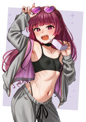 1girl adjusting_eyewear alcohol_carton black_nails black_panties black_sports_bra blush bocchi_the_rock! border commentary covered_erect_nipples cowboy_shot english_commentary eyewear_lift eyewear_on_head fingernails flat_chest grey_jacket grey_pants hair_down hakai_no_ika hand_on_eyewear heart heart-shaped_eyewear highleg highleg_panties highres hiroi_kikuri holding_carton jacket long_fingernails long_hair long_sleeves looking_at_viewer nail_polish navel open_clothes open_jacket open_mouth outside_border panties pants panty_straps purple-tinted_eyewear purple_background purple_eyes purple_hair sharp_teeth sleeves_past_wrists smile solo sports_bra standing string_panties sunglasses sweat teeth tinted_eyewear track_jacket track_pants track_suit twitter_username underwear very_long_hair white_border