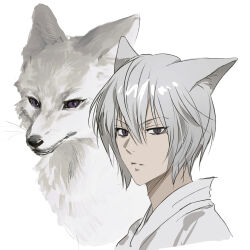 1boy absurdres animal animal_ears animalization commentary_request fox fox_boy fox_ears grey_hair highres kamisama_hajimemashita korean_commentary looking_at_viewer male_focus nahna portrait purple_eyes short_hair simple_background slit_pupils solo tomoe_(kamisama_hajimemashita) white_background