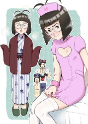 1boy 1girl :o antenna_hair back_hair black_hair blue_hat blunt_bangs blush bob_cut bow brown_eyes closed_eyes clothing_cutout glasses hair_bow hat heart_cutout highres itou_katsumi japanese_clothes k2_(manga) kimono kurosu_kazunari mickey_mouse_ears miyasaka_shiori nurse_cap on_bed polka_dot polka_dot_background shirt sitting skirt_hold slippers t-shirt thighhighs white_shirt white_thighhighs