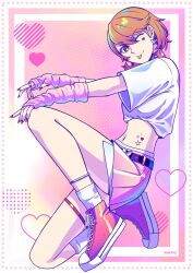 Rule 34 | 1girl, absurdres, alternate costume, artist name, bare legs, belt, body markings, brown eyes, brown hair, butterfly earrings, choker, closed mouth, detached sleeves, earrings, facial mark, flipped hair, from side, full body, hair between eyes, hashtag-only commentary, heart, heart facial mark, highres, jewelry, legs, looking at viewer, looking to the side, midriff, miniskirt, nail polish, navel, on one knee, one eye closed, outstretched arms, persona, persona 3, pink choker, pink nails, pink shoes, pink skirt, pink sleeves, pink theme, pinkpio1, pleated skirt, ring, shirt, shirt rolled up, shoes, short hair, short sleeves, skirt, smile, sneakers, socks, solo, star (symbol), star choker, swept bangs, takeba yukari, thigh strap, thighs, tongue, tongue out, white shirt, white socks