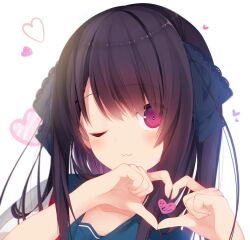 Rule 34 | 1girl, ;3, ao no kanata no four rhythm, black hair, black ribbon, blue sailor collar, blush, closed mouth, commentary, eyes visible through hair, four-finger heart hands, fuwa mochiri, hair between eyes, hair over shoulder, hair ribbon, hands up, happy, heart, heart-shaped pupils, heart hands, heart in heart hands, highres, lace, lace-trimmed ribbon, lace trim, long hair, looking at viewer, mole, one eye closed, portrait, red eyes, ribbon, sailor collar, school uniform, serafuku, shirt, sidelocks, simple background, smile, solo, straight hair, symbol-shaped pupils, tobisawa misaki, white background, white shirt
