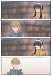 1boy 1girl blonde_hair blue_eyes blush book chocorut earrings grey_hairband hairband highres holding holding_book jewelry library red_eyes shirt short_hair spy_x_family sweatdrop twilight_(spy_x_family) yellow_shirt yor_briar