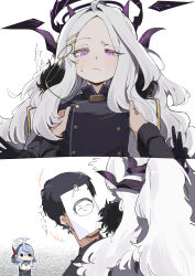 1boy 2girls absurdres ako_(blue_archive) black_hair blue_archive blue_hair carrying carrying_person doodle_sensei_(blue_archive) highres hina_(blue_archive) horns japanese_text long_hair male_sensei_(blue_archive) maton_3110 multiple_girls school_uniform sensei_(blue_archive) upper_body white_hair