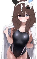 1girl alternate_costume braid breasts brown_eyes brown_hair collarbone commentary_request covered_navel curren_bouquetd&#039;or_(umamusume) groin hair_between_eyes hair_ornament herohero_(higashi_no_dou) horse_girl looking_at_viewer low_twin_braids small_breasts smile swimsuit towel twin_braids umamusume wet white_background