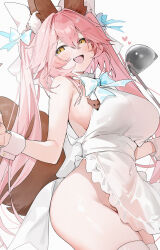 1girl :d absurdres animal_ears apron bare_shoulders blush breasts fate/extra fate_(series) fox_ears fox_girl from_side hair_ornament heart highres holding holding_ladle ladle large_breasts long_hair looking_at_viewer naked_apron open_mouth pink_hair silver_(chenwen) simple_background smile solo tamamo_(fate) tamamo_no_mae_(fate) thighhighs thighs white_apron white_background white_thighhighs wrist_cuffs yellow_eyes