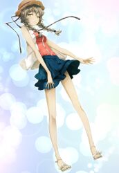 1girl absurdres amane_suzuha bare_legs blue_background blue_skirt blurry bokeh braid brown_hair brown_ribbon check_clothing clothes_lift clothing_request depth_of_field floating floating_clothes floating_hair full_body game_cg hair_between_eyes hair_tie hat hat_ribbon highres huke looking_at_viewer miniskirt non-web_source official_alternate_costume official_art outstretched_arms red_shirt ribbon ringed_eyes sandals shiny_lips shiny_skin shirt shoes skirt skirt_lift sleeveless sleeveless_shirt smile solo square_pupils steins;gate steins;gate:_linear_bounded_phenogram sun_hat thick_thighs thighs toes twin_braids twintails white_shirt white_shoes yellow_eyes