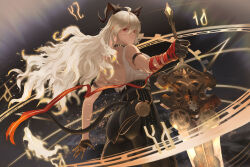1girl arm_strap ass bare_shoulders black_choker black_horns black_pants black_tail blonde_hair breasts choker commentary cowboy_shot curled_horns fire flame-tipped_tail from_behind greanleaf greatsword hair_between_eyes highres holding holding_sword holding_weapon horns large_breasts long_hair looking_at_viewer looking_back necktie necktie_around_wrists pants red_eyes red_necktie shirt solo sword symbol-only_commentary tail torn_clothes torn_shirt weapon white_shirt wuthering_waves zani_(wuthering_waves)