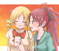 Rule 34 | 2girls, aqua hoodie, aroze, blonde hair, border, bow, bowtie, closed eyes, drill hair, gradient background, high ponytail, hood, hoodie, long hair, mahou shoujo madoka magica, mahou shoujo madoka magica (anime), mitakihara school uniform, multiple girls, open mouth, outside border, ponytail, puffy sleeves, red bow, red bowtie, red hair, sakura kyoko, school uniform, shared headphones, tomoe mami, twin drills, white border