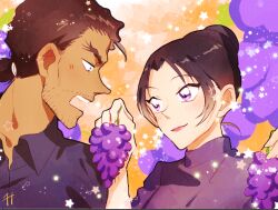 1boy 1girl blush closed_mouth collared_shirt czech_gana eye_contact facial_hair food fruit fruit_background grapes hair_bun holding holding_food holding_fruit lone_nape_hair looking_at_another meitantei_conan open_mouth orange_background portrait purple_shirt purple_sweater shirt short_hair smile star_(symbol) stubble sweater teeth uehara_yui upper_teeth_only yamato_kansuke