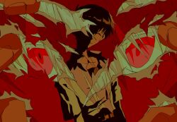 2boys abstract belt black_hair character_background collared_shirt colored_eyelashes fishcoooo hair_between_eyes highres ikari_shinji male_focus multiple_boys nagisa_kaworu neon_genesis_evangelion red_eyes red_theme ripping shaded_face shirt short_hair upper_body white_hair