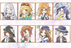 6+girls :&lt; ;p ^_^ animal_ears ascot black_cape black_coat black_gloves black_hat black_shirt blue_bow blue_dress blue_hair blue_hat blue_jacket blue_shirt blush boater_hat bow brown_eyes brown_hat cape capelet checkered_ribbon closed_eyes coat collared_shirt cowboy_hat deer_ears deer_girl desert_flannel dress eyelid_pull finger_gun finger_to_cheek flying_sweatdrops glasses gloves goggles goggles_on_headwear green_eyes grey_eyes grey_hair grin hair_bun hand_on_own_hip hand_up hat hat_bow highres jacket jessica_(reverse:1999) jessica_(voyage_from_your_bed)_(reverse:1999) long_hair midriff multiple_girls neck_ribbon neckerchief notice_lines official_alternate_costume one_eye_closed onikura_minori_(artist) open_mouth orange_eyes pink_background pointing pointing_at_viewer red_eyes regulus_(reverse:1999) regulus_(take_off!_to_the_future)_(reverse:1999) reverse:1999 ribbon round_eyewear shirt short_hair single_side_bun smile sonetto_(emotion_in_tranquility)_(reverse:1999) sonetto_(reverse:1999) tongue tongue_out tricorne upper_body vertin_(reverse:1999) voyager_(reverse:1999) white_ascot white_capelet white_dress white_gloves white_hair white_neckerchief white_shirt witch_hat yellow_gloves