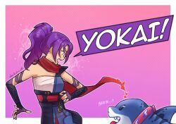 Rule 34 | 1girl, derkdrew124, elbow gloves, gloves, japanese clothes, jeff (marvel), kimono, long hair, marvel, marvel rivals, ponytail, psylocke, psylocke (sai), purple eyes, purple hair, sarashi, scarf, shark, superhero costume, x-men