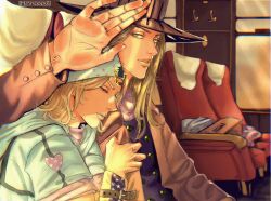 Rule 34 | 2boys, artist name, bandana, blonde hair, brown hat, brown jacket, chair, closed eyes, commentary, diego brando, english commentary, green bandana, green eyes, green hoodie, half-closed eyes, hand up, hashtag-only commentary, hat, henoopd, highres, hood, hoodie, indoors, jacket, johnny joestar, jojo no kimyou na bouken, long hair, looking at viewer, male focus, medium hair, multiple boys, on chair, open mouth, parted lips, purple shirt, shirt, sitting, steel ball run, sunlight, symbol-only commentary, train interior, upper body