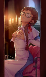 1girl apron apron_pull aroused backlighting black-framed_eyewear blue_dress blurry blurry_background bow bowtie braid breasts breasts_out brown_hair candelabra candle candlestand capelet capelet_bow chair closed_eyes clothes_pull commentary_request cowboy_shot depth_of_field dress dress_pull glasses hair_over_shoulder hair_ribbon hair_tie highres indoors iskanderednaksi long_dress long_hair medium_breasts night nipple_rub nipple_stimulation nipples no_bra on_chair original parted_lips raised_inner_eyebrows red_ribbon ribbon russian_commentary single_braid sitting sitting_on_pillow solo white_apron white_bow white_bowtie white_capelet window