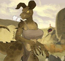 ! 1boy 1girl artist_name bra breasts breathing claws colored_sclera danksolent deathclaw fallout furry furry_female green_scales grey_bra highres horns large_breasts looking_to_the_side navel outdoors pelvic_curtain reptile_girl sharp_teeth slit_pupils solo_focus tail teeth underwear yellow_sclera