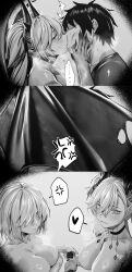 Rule 34 | 1boy, 2girls, breasts, comic, cooperative handjob, demon girl, demon wings, fate/grand order, fate (series), ffm threesome, french kiss, fujimaru ritsuka (male), greyscale, group sex, handjob, hands on another&#039;s cheeks, hands on another&#039;s face, highres, horns, hxd, kiss, large breasts, lilith (fate), lilith (second ascension) (fate), long hair, looking at viewer, mash kyrielight, monochrome, multiple girls, nipples, nude, penis, pointy ears, silent comic, smile, teamwork (sexual), threesome, twintails, wings