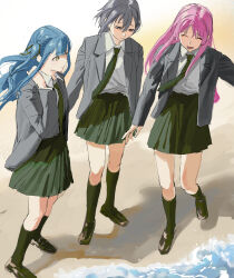 3girls absurdres bang_dream! bang_dream!_it&#039;s_mygo!!!!! beach blue_hair brown_eyes chihaya_anon closed_eyes closed_mouth green_necktie green_skirt green_socks grey_hair grey_jacket hair_between_eyes haneoka_school_uniform highres jacket kneehighs loafers long_hair long_sleeves multiple_girls necktie ocean open_clothes open_jacket open_mouth pink_hair rainbow_hose school_uniform shadow shoes short_hair sidelocks skirt socks takamatsu_tomori teeth togawa_sakiko two_side_up yellow_eyes