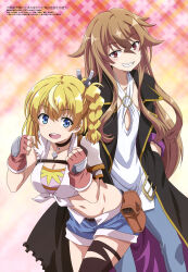 2girls absurdres black_choker black_coat black_thighhighs blonde_hair blue_eyes blue_pants breasts brown_eyes brown_gloves brown_hair choker cleavage coat cowboy_shot denim denim_shorts fingerless_gloves flat_chest gloves highres hulemy jidouhanbaiki_ni_umarekawatta_ore_wa_meikyuu_wo_samayou lammis_(jihanki) large_breasts leaning_forward long_hair looking_at_viewer magazine_scan megami_magazine multiple_girls navel official_art open_clothes open_coat open_mouth pants scan shirt shorts single_thighhigh teeth thighhighs torn_clothes upper_teeth_only very_long_hair white_shirt yamauchi_naoki