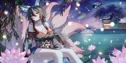 1girl animal_ear_fluff animal_ears architecture black_dress breasts bridge brown_hair chinese_clothes commentary_request dress east_asian_architecture flower fox_ears fox_girl fox_tail fugue_(honkai:_star_rail) green_eyes highres honkai:_star_rail honkai_(series) large_breasts leegh19769 long_hair multiple_tails pink_flower planet planetary_ring sitting solo tail thighs tingyun_(honkai:_star_rail) very_long_hair water