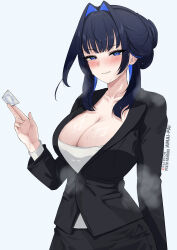1girl absurdres alternate_breast_size amai-pai black_hair blue_eyes blue_hair blush breasts collarbone condom formal_clothes hair_intakes highres hololive hololive_english jewelry large_breasts long_hair long_sleeves looking_at_viewer multicolored_hair office_lady ouro_kronii shirt smile solo steaming_body sweat sweatdrop virtual_youtuber white_background