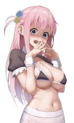 1girl absurdres bikini black_bikini black_shrug blush bocchi_the_rock! breasts cleavage collarbone collared_shrug commentary cowboy_shot cube_hair_ornament embarrassed frilled_shrug gotoh_hitori hair_ornament hands_up highres large_breasts long_hair long_sidelocks looking_at_viewer monmo_mu navel nose_blush open_mouth pink_hair raised_inner_eyebrows shaded_face short_sleeves shrug_(clothing) sidelocks simple_background skindentation skirt solo standing steepled_fingers stomach straight_hair swimsuit wavy_mouth white_background white_skirt white_wrist_cuffs wispy_bangs wrist_cuffs