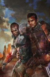 2boys blood blue_sky commander_shepard commander_shepard_(male) guzzardi injury kaidan_alenko mass_effect_(series) multiple_boys sky supporting tumblr