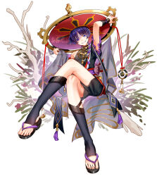 1boy arm_up armor black_bodysuit black_kimono black_sandals black_shorts black_sleeves bodysuit crossed_legs frilled_sleeves frills full_body furisode genshin_impact gold gold_trim grey_veil grin hag_(hag_015) han&#039;eri hand_up hat highres holding holding_unworn_clothes holding_unworn_hat holding_veil japanese_armor japanese_clothes jewelry jingasa kimono kote kurokote layered_kimono layered_sleeves leg_focus male_focus mandarin_collar mitsudomoe_(shape) neck_ring open_clothes open_hand open_kimono partially_shaded_face plant purple_eyes purple_hair purple_sash purple_sleeves red_hat red_kimono red_sash sandals sash scaramouche_(genshin_impact) see-through_clothes see-through_veil short_sleeves shorts single_bare_shoulder single_off_shoulder sitting sleeveless sleeveless_bodysuit smile solo stirrup_legwear tassel teeth tilted_headwear toeless_legwear toenails toes tomoe_(symbol) turtleneck turtleneck_bodysuit unworn_hat unworn_headwear veil watermark white_background zouri