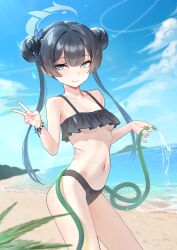 1girl absurdres alternate_costume bare_arms bare_shoulders beach bikini black_bikini black_hair blue_archive blue_eyes blue_sky blush breasts cloud coke0502 cowboy_shot day double_bun frilled_bikini frills groin hair_between_eyes hair_bun hair_ornament halterneck highres holding holding_hose horizon hose kisaki_(blue_archive) long_hair looking_at_viewer navel ocean outdoors ribbon sidelocks sky small_breasts smile solo standing stomach swimsuit twintails v very_long_hair water