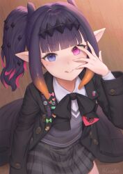 1girl :q absurdres black_coat black_ribbon black_skirt blue_eyes blunt_bangs buttons coat collared_shirt colored_inner_hair commentary double-breasted english_commentary gradient_hair grey_sweater hand_up heterochromia highres hololive hololive_english lapel_pin lesu looking_at_viewer miniskirt mole mole_under_eye multicolored_hair neck_ribbon ninomae_ina&#039;nis ninomae_ina&#039;nis_(school_uniform) official_alternate_costume official_alternate_hairstyle orange_hair pink_eyes pink_hair plaid_clothes plaid_skirt pleated_skirt pointy_ears purple_hair ribbon school_uniform shirt short_hair side_ponytail sitting skirt smile solo sweater tentacle_hair tongue tongue_out v-neck v-shaped_eyebrows virtual_youtuber white_shirt wooden_floor