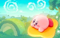 Rule 34 | :d, aruco co, blue eyes, blush stickers, commentary request, day, highres, kirby, kirby (series), nintendo, no humans, open mouth, outdoors, smile, solo, sparkle, tree, warp star