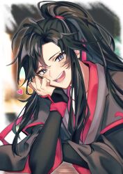 Rule 34 | 1boy, :d, ahoge, bentuudayo, bishounen, black hair, black hanfu, blurry, blurry background, blush, chinese clothes, elbow rest, grey eyes, hair ribbon, hand on own cheek, hand on own face, hanfu, head rest, heart, high ponytail, highres, long hair, long sleeves, looking at viewer, male focus, modao zushi, open mouth, ponytail, purple eyes, red ribbon, ribbon, robe, sidelocks, sleeves past wrists, smile, solo, table, teeth, upper body, wei wuxian, wide sleeves