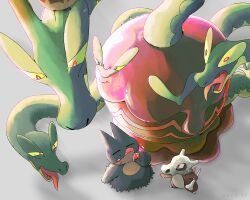 apus_92 bone bright_pupils closed_eyes commentary_request cubone eating fangs fangs_out gen_1_pokemon gen_4_pokemon glaring highres holding holding_bone hydrapple munchlax nintendo no_humans open_mouth pokemon pokemon_(creature) red_eyes tongue tongue_out