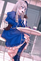 1girl blue_eyes boots cup dress drill_hair drill_sidelocks drink drinking_glass drinking_straw eating fork frills glass gloves hat highres holding holding_fork kamen_rider kamen_rider_gavv_(series) liselle_jaldak lolita_fashion long_hair long_sleeves mini_hat mittada_numa4 open_mouth orange_brooch plate sidelocks sitting solo table watermark