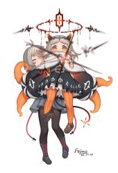 +_+ 2girls antenna_hair artist_name black_dress black_pantyhose boots brown_footwear cape closed_eyes commentary_request dated dress grey_hair halo highres horns koebushi_(mat) lifting_person long_sleeves looking_at_viewer medium_hair multiple_girls orange_eyes orange_pantyhose original pantyhose pointy_ears short_eyebrows simple_background tentacle_hands white_background