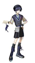 1boy absurdres alternate_costume animalization aqua_necktie aqua_trim arm_at_side bead_bracelet beads beret black_bow black_hair black_hat black_shorts black_socks blue_trim blunt_ends boots bosonn_13 bow bracelet bright_pupils chain collared_shirt contemporary cross-laced_clothes cross-laced_shorts emblem eyeliner eyeshadow feathers fingernails full_body genshin_impact grey_sweater_vest hand_on_own_hip hand_up hat highres jewelry knee_boots kneehighs lace-up_boots layered_shorts light_frown looking_at_viewer makeup male_focus necktie o-ring official_alternate_costume open_hand open_mouth paint_splatter paint_splatter_on_face person_and_animalization pom_pom_(clothes) purple_eyes red_eyeliner red_eyeshadow scaramouche_(cat)_(genshin_impact) scaramouche_(genshin_impact) school_uniform shirt short_sleeves shorts socks solo standing stuffed_animal stuffed_toy sweater_vest tsurime twitter_username wanderer_(genshin_impact) wanderer_(mega_mgc_coffee)_(genshin_impact) white_background white_pupils white_shirt white_sleeves white_trim white_undershirt wrist_cuffs wristband yellow_feathers