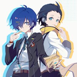 2boys aqua_eyes arm_up back-to-back bag belt belt_buckle black_hair black_jacket black_pants black_trim blue_eyes blue_hair brown_belt buckle choco-reto_(xusagix) closed_mouth collared_shirt commentary cowboy_shot digital_media_player food food_in_mouth french_fries gekkoukan_high_school_uniform hair_between_eyes hair_ornament hair_slicked_back hairclip hashtag-only_commentary headphones highres holding holding_bag jacket layered_sleeves long_scarf long_sleeves looking_back male_focus mochizuki_ryouji mole mole_under_eye multiple_boys neck_ribbon open_clothes open_jacket pants persona persona_3 ribbon scarf school_emblem school_uniform shirt shirt_tucked_in short_hair short_sideburns sleeve_cuffs smile suit_jacket suspenders white_shirt wing_collar yellow_scarf yuuki_makoto_(persona_3)