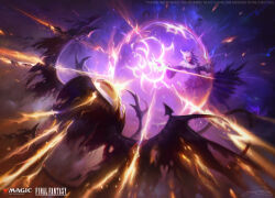 1girl ahriman animal_ears cat_ears commentary copyright_name copyright_notice english_commentary facial_mark feather_hair_ornament feathers final_fantasy final_fantasy_xiv fur_collar grey_hair hair_ornament justyna_dura magic magic:_the_gathering miqo&#039;te monster official_art one-eyed outstretched_arm sharp_teeth teeth whisker_markings y&#039;shtola_rhul