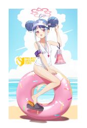 Rule 34 | 1girl, absurdres, ansauce, beach, blue archive, blue hair, blue sky, border, breasts, cloud, commentary request, crocs, cumulonimbus cloud, double bun, fubuki (blue archive), fubuki (swimsuit) (blue archive), full body, hair bun, halo, hand up, highres, long hair, looking at viewer, megaphone, ocean, official alternate costume, on innertube, one-piece swimsuit, open mouth, outdoors, pink eyes, pink halo, sidelocks, single bare foot, sitting, sky, small breasts, solo, swim ring, swimsuit, visor cap, whistle, whistle around neck, white border, white one-piece swimsuit