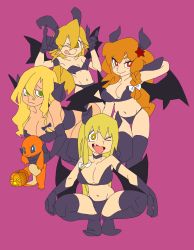 &gt;_&lt; 4girls :q \m/ alternate_costume animated animated_png azusa_(cookie) bandeau black_bra black_legwear black_panties blinking blonde_hair blue_bow bow bra braid breasts bright_pupils brown_eyes charmander closed_mouth commentary_request cookie_(touhou) creatures_(company) curled_horns demon_girl demon_horns demon_wings falling fang flame-tipped_tail flying full_body game_freak gen_1_pokemon green_eyes hair_between_eyes hair_bow highres horns jack-o&#039;-lantern kirisame_marisa kujira_video large_breasts long_hair looking_at_viewer mars_(cookie) multiple_girls nintendo one_eye_closed open_mouth orange_hair panties pokemon pokemon_(creature) pumpkin red_eyes red_star rei_(cookie) scotch_(cookie) scotch_(cookie)_(style) side_braid simple_background single_braid small_breasts smile spinning squatting star_(symbol) thighhighs tongue tongue_out touhou underwear uzuki_(cookie) white_bow white_pupils wings winking_(animated) yellow_eyes