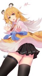 1girl absurdres alternate_costume animal_ears black_skirt black_thighhighs blonde_hair blue_bow bow claw_pose collared_shirt fengling_(moonsyz) grey_hair highres ju_fufu long_hair looking_at_viewer multicolored_hair shirt skirt smile solo tail tail_bow tail_ornament thighhighs tiger_ears tiger_girl tiger_tail two-tone_hair white_shirt zenless_zone_zero