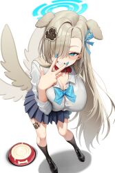 Rule 34 | absurdres, animal collar, animal ears, asuna (blue archive), asymmetrical bangs, black shoes, black socks, blonde hair, blue archive, blue bow, blue bowtie, blue halo, blue ribbon, blush, bow, bowl, bowtie, bra visible through clothes, breasts, button gap, cleavage, collar, collarbone, collared shirt, commentary, dog ears, dog tail, foreshortening, full body, grin, hair over one eye, hair ribbon, halo, highres, kkuni, kneehighs, large breasts, leaning forward, legs apart, long bangs, long hair, long sleeves, looking at viewer, one eye covered, paw hair ornament, paw tattoo, pet bowl, red collar, ribbon, shadow, shirt, shoes, simple background, single hair intake, smile, socks, standing, straight hair, tail, tail wagging, v, v over mouth, very long hair, white background, white shirt