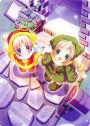 2girls :d blush coat dress from_above fur_trim green_dress highres long_sleeves looking_at_viewer looking_up multiple_girls open_mouth pink_hair pop purple_eyes red_dress short_hair smile standing stone_floor tareme