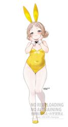 1girl animal_ears blue_eyes breasts brown_hair covered_navel double_bun fake_animal_ears full_body hair_bun highres kanya_pyi leotard original pantyhose playboy_bunny plump rabbit_ears small_breasts smile solo white_background white_pantyhose yellow_leotard