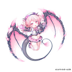 1girl beret black_gloves black_tail black_wings blue_hat blue_shirt bow character_request commentary_request crop_top cropped_jacket fangs flat_chest full_body gloves hair_bow hat heart heart-shaped_pupils highres holding holding_microphone jacket long_hair looking_at_viewer microphone midnight_girls midriff multicolored_hat navel official_art open_clothes open_jacket open_mouth panty_straps pink_bow pink_eyes pink_hair pink_hat pink_nails pink_shoes pink_skirt puffy_short_sleeves puffy_sleeves shirt shoes short_sleeves skirt smile solo symbol-shaped_pupils thigh_strap thighhighs two_side_up white_background white_hat white_jacket white_thighhighs wings yinpa_(wanone500511)