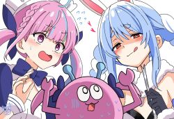 2girls :q animal_ear_fluff animal_ears black_gloves black_leotard blue_dress blue_hair blush braid breasts closed_mouth commentary_request don-chan_(usada_pekora) dress flying_sweatdrops fur-trimmed_gloves fur_trim gloves hand_up highres hololive kiritoma leotard long_hair maid_headdress minato_aqua minato_aqua_(1st_costume) multicolored_hair multiple_girls open_mouth pink_hair puffy_short_sleeves puffy_sleeves purple_eyes rabbit-shaped_pupils rabbit_ears red_eyes short_eyebrows short_sleeves simple_background small_breasts small_sweatdrop smile strapless strapless_leotard streaked_hair sweat symbol-shaped_pupils thick_eyebrows tongue tongue_out twin_braids twintails two-tone_hair upper_body usada_pekora usada_pekora_(1st_costume) virtual_youtuber white_background white_hair wrist_cuffs